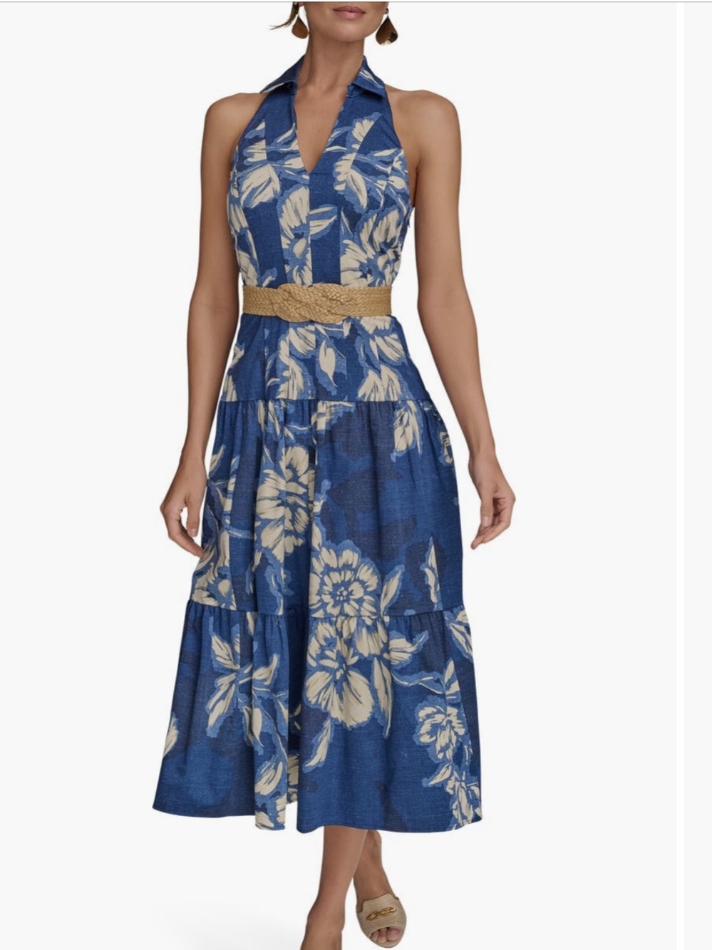 Donna Karan New York Blue Floral Halter Tiered Midi Dress Size 14 NWT